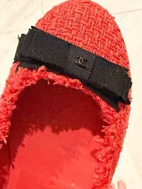 CHANEL Red Tweed Flats with Black Bow